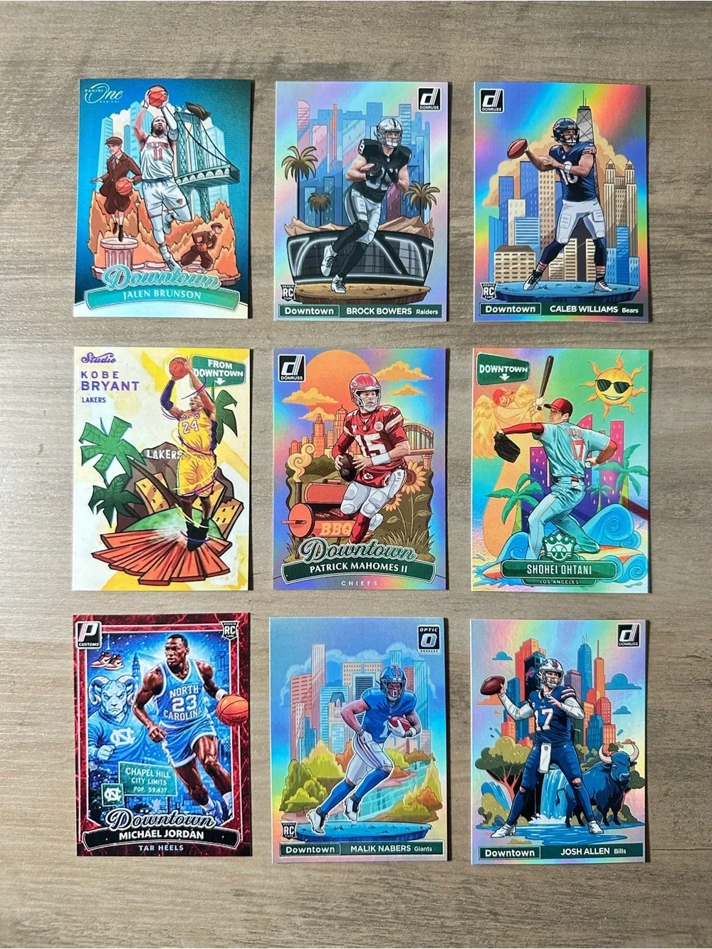 Lot of (9) Downtown Novelty Cards. Mahomes, Allen, Bowers, Caleb, Brunson, Kobe